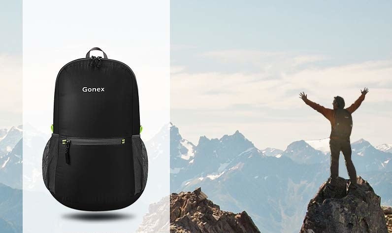 The lightweight backpack shown next to a person on a mountain