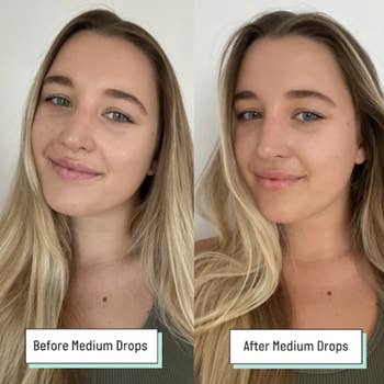 a before and after of a model wearing the medium drops which make their skin noticeably more tan