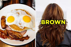 On the left, a plate with pancakes, fried eggs, sausage, and bacon, and on the right, the back of someone's head labeled "brown"