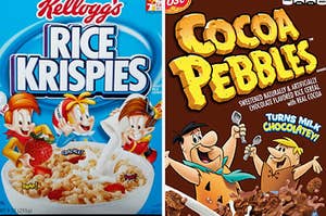 The cereal boxes for Rice Krispies and Cocoa Pebbles.