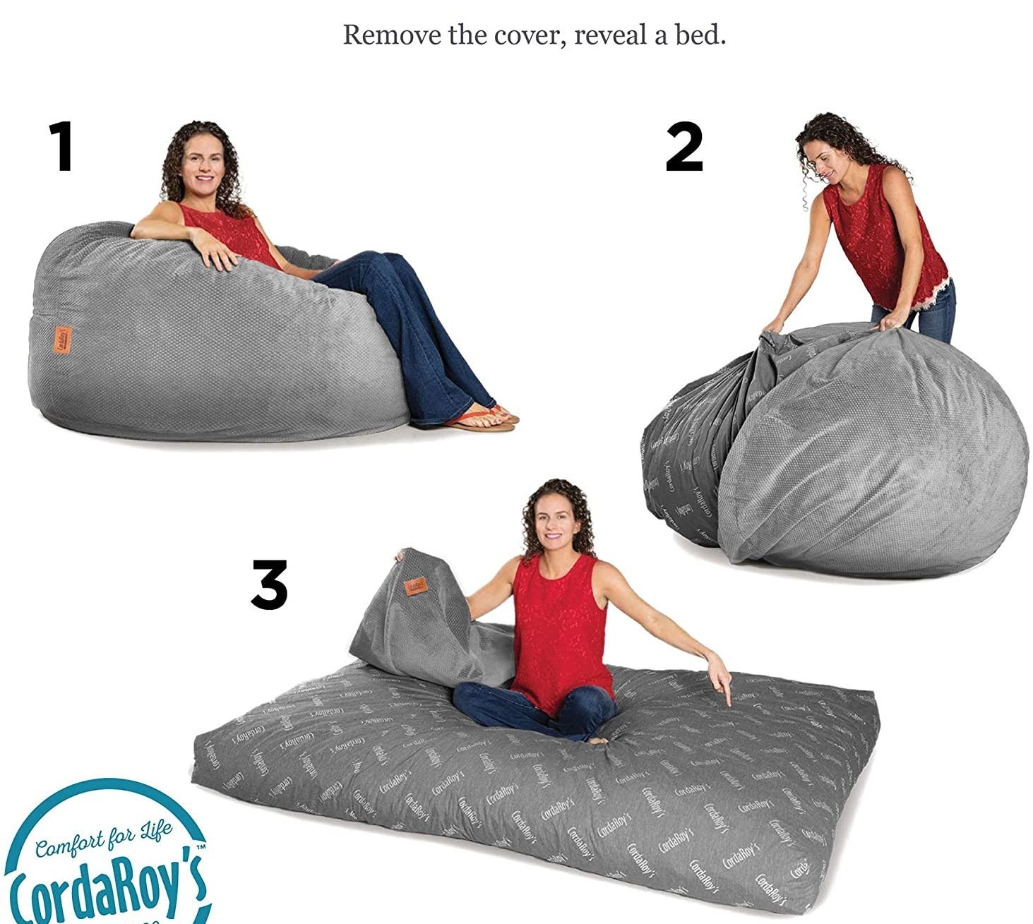 Model showing how to turn the beanbag chair into a bed