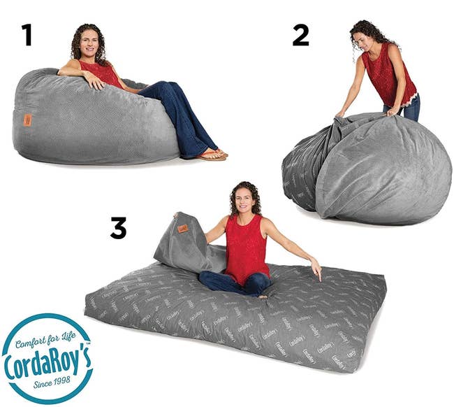 Model showing how to turn the beanbag chair into a bed