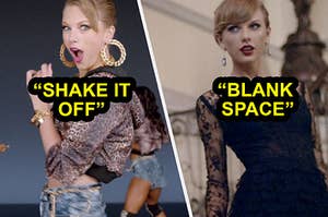 Taylor in her music videos for shake it off and blank space