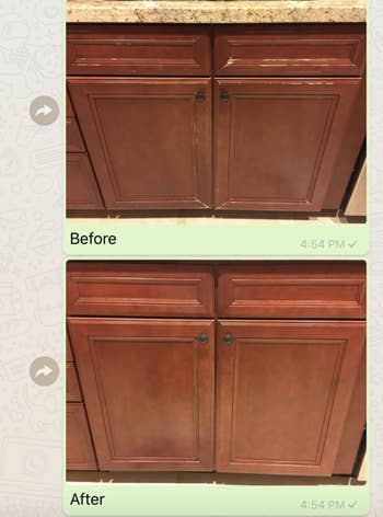 A customer review before and after photo showing their cabinets with and without wear