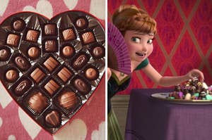 A heart shaped box of chocolates and Princess Anna eating a pile of chocolates during the movie "Frozen."
