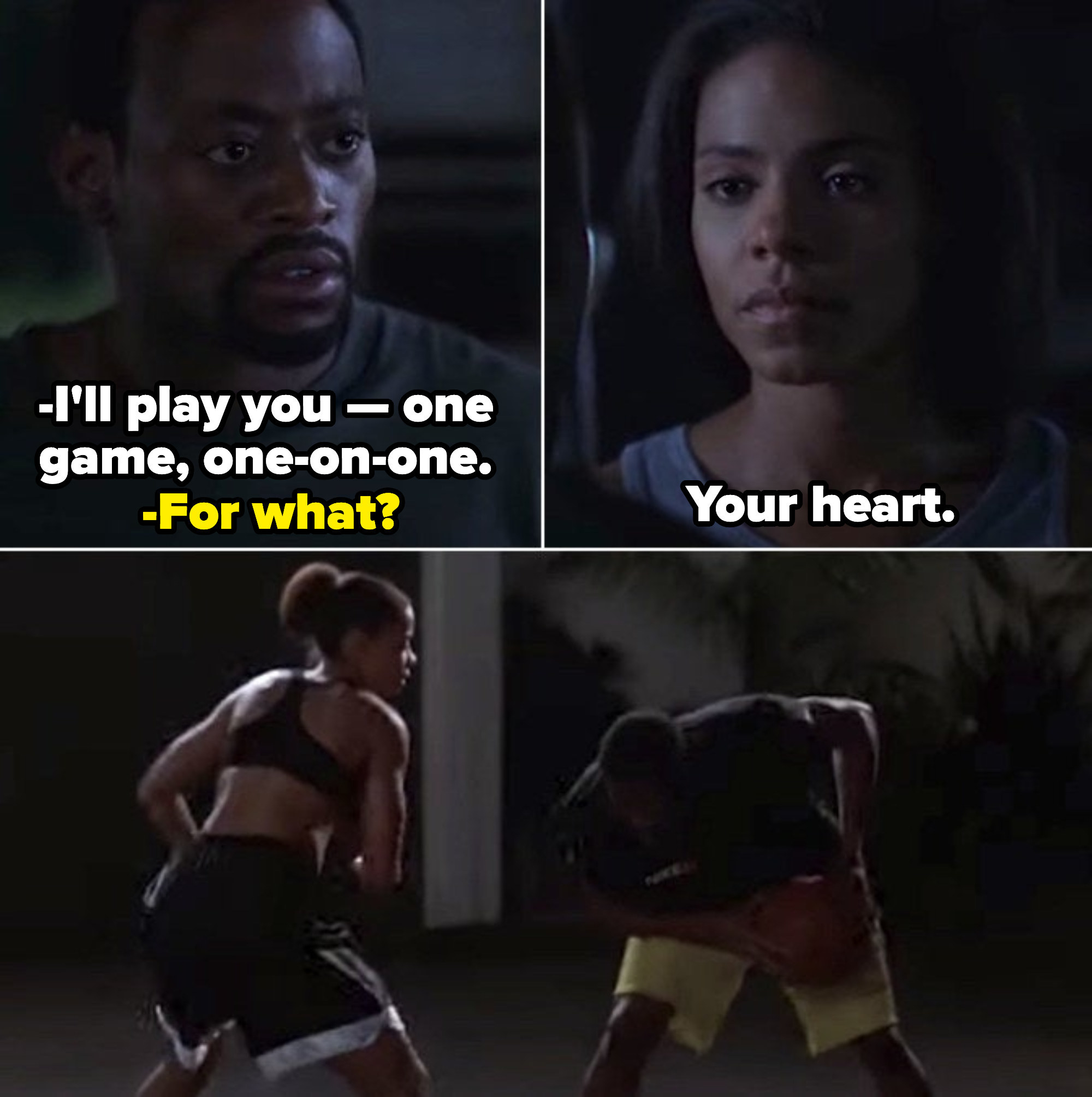 Monica challenging Quincy to play a game of one-on-one for his heart