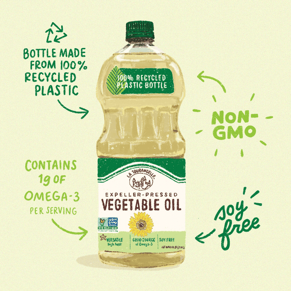 GIF of a bottle of vegetable oil with graphics that read &quot;soy free,&quot; &quot;non-gmo, &quot;bottle made from 100% recycled plastic,&quot; and &quot;contains 1g of omega-3 per serving.&quot; 