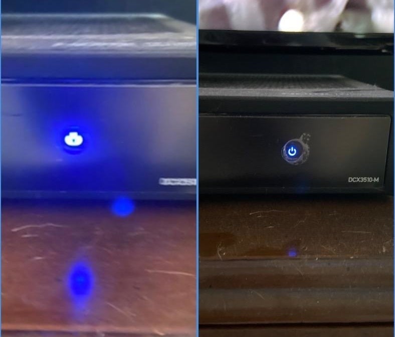 reviewer showing the blue light on their cable box and then it significantly dimmed after using the patches 