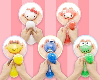 stress balls shaped like hello kitty, pompompurin, keroppi, and other sanrio characters