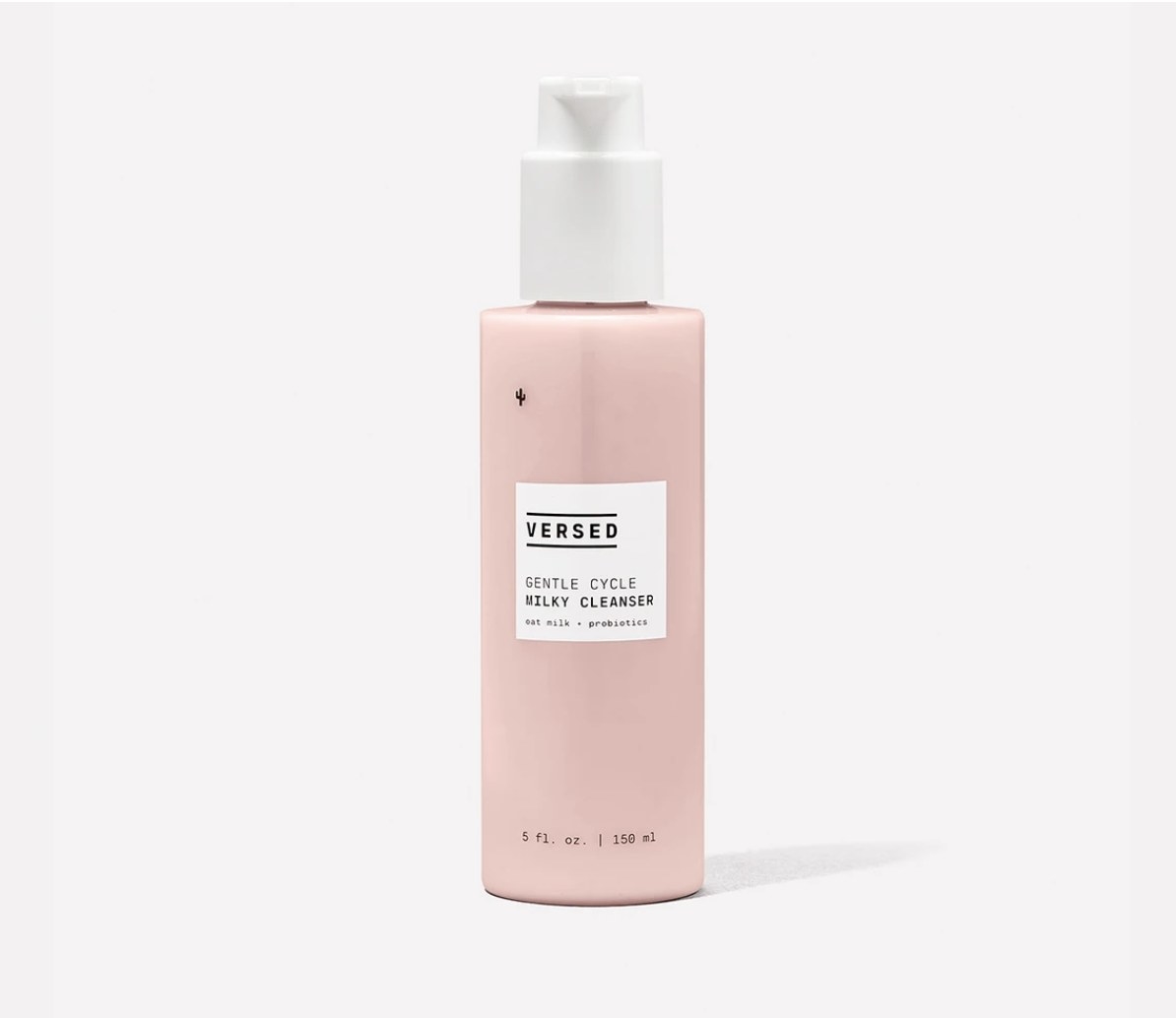 the cleanser in a pink pump bottle 