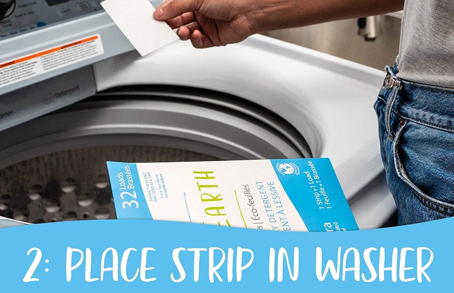 person placing a strip into the washing machine