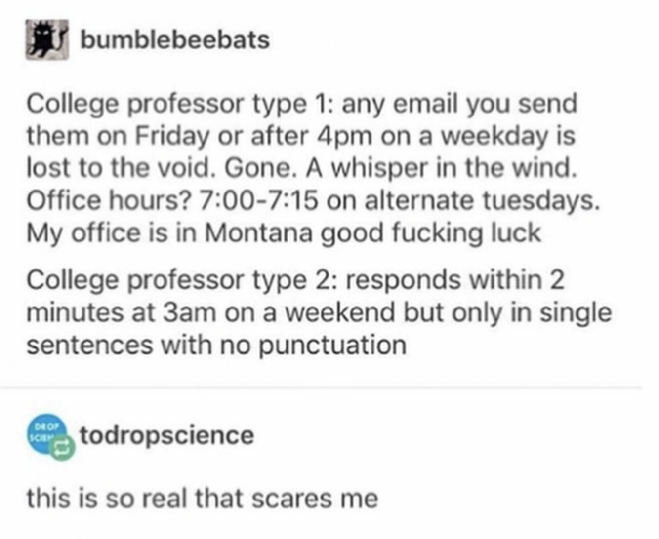 tumblr post about the two types of college professors, one who is strict and one who is not