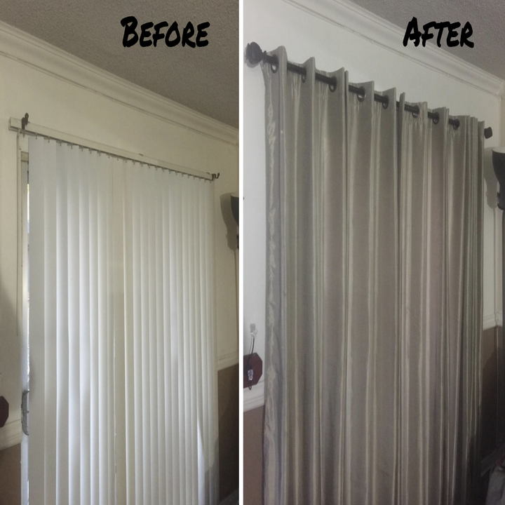 A customer review before and after photo showing their window with vertical blinds and then with curtains