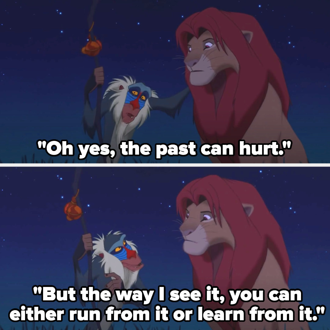 Rafiki saying "Oh yes, the past can hurt. But the way I see it, you can either run from it or learn from it"