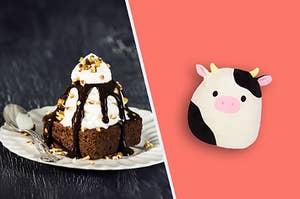 Connor the cow Squishmallow next to a brownie with a scoop of ice cream on top