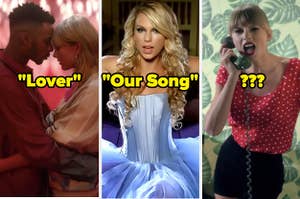Three music video images labeled "Lover," "Our Song," and "?"