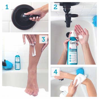Four-step collage showing how to apply Curel Wet Skin Moisturizer