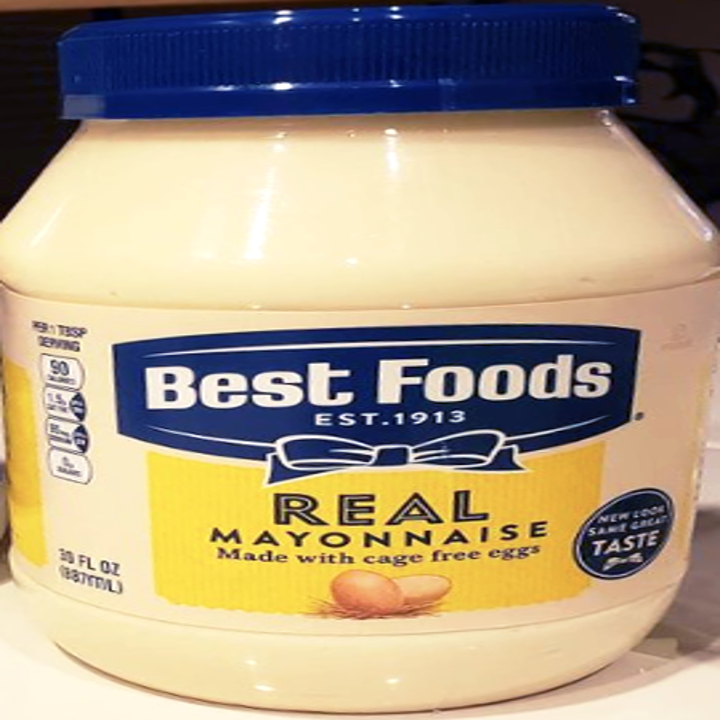 A jar of Best Foods mayo with blue and yellow coloring, a blue bow and "real mayonnaise" written on it
