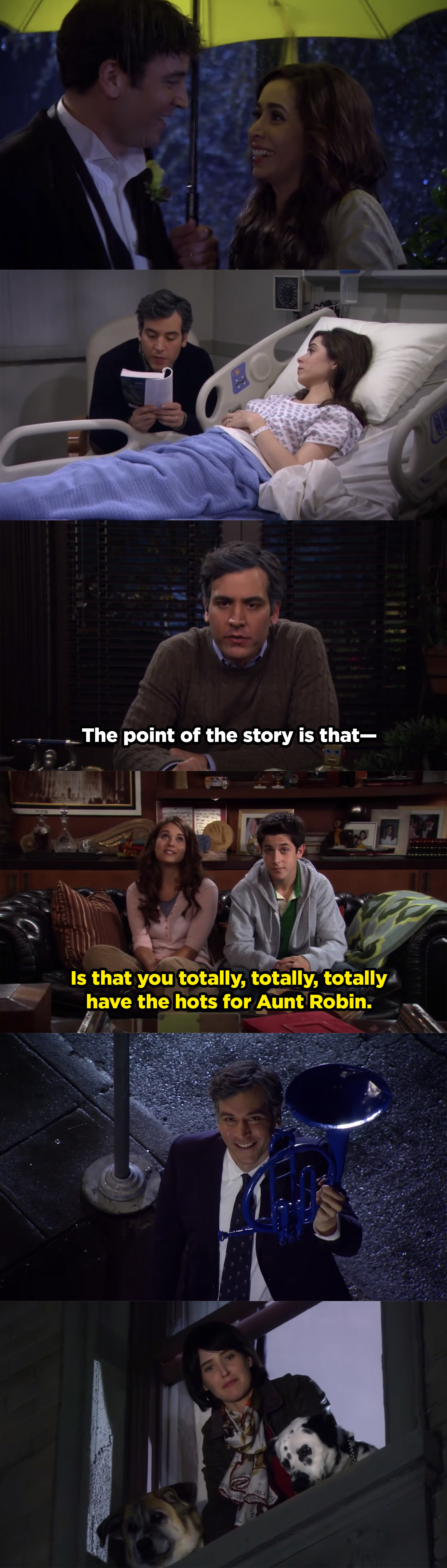 Ted meets his wife and then he finishes the story to his kids. Then, they realize that he&#x27;s really trying to tell them he&#x27;s in love with Robin and they give him their blessing. 