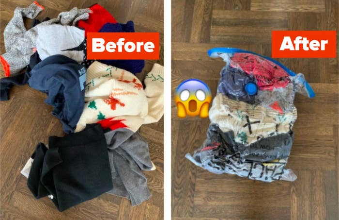 A before image of the pile of 10+ sweaters next to an after image with the clothes sealed in one of the bags