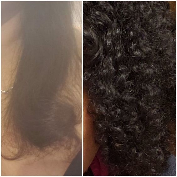 Reviewer&#x27;s before-and-after of straightened, frizzy hair and then heathy-looking tight curls