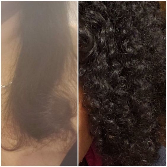 Reviewer's before-and-after of straightened, frizzy hair and then heathy-looking tight curls