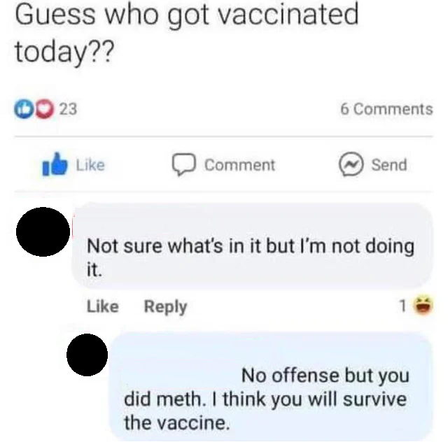 &quot;Not sure what&#x27;s in it but I&#x27;m not doing it&quot; Response: No offense but you did meth; I think you will survive the vaccine