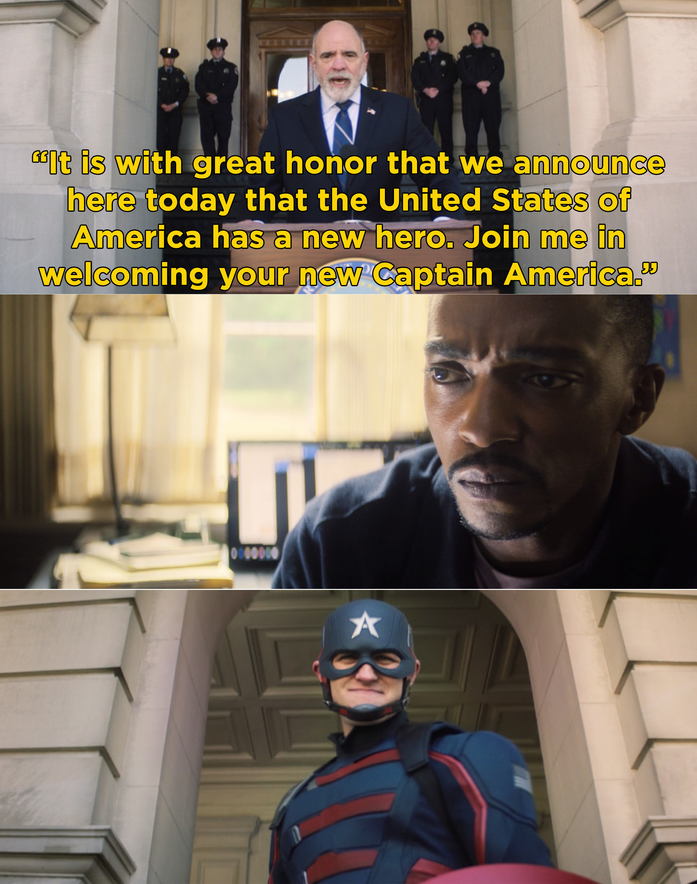 A government official introducing the new Captain America and Sam watching it on TV