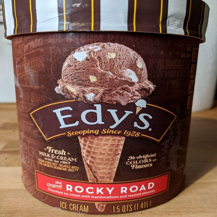 A pint of Edy's ice cream, rocky road, with brown packaging and the same specific font as Dreyer's