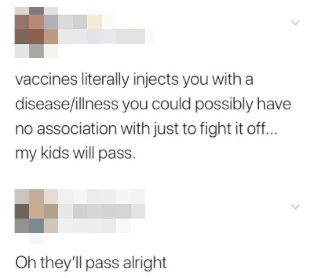 &quot;Vaccines literally injects you with a disease/illness you could possibly have no association with just to fight it off...my kids will pass&quot; Response: Oh they&#x27;ll pass alright