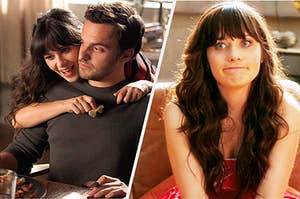 Jess and Nick from New Girl looking as if they no longer have feelings for each other