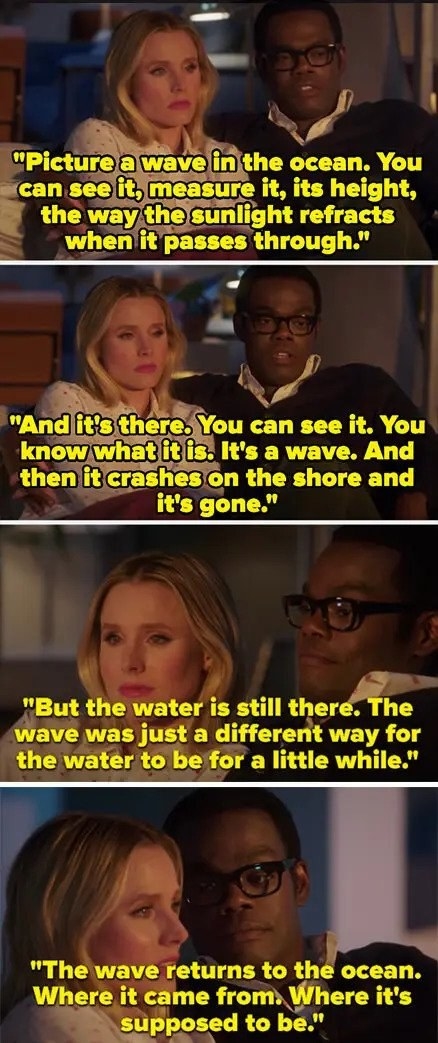 Chidi tells Eleanor to picture a wave, saying you can see it and know what it is, then it crashes on the shore and is gone, but the water is still there. The wave has returned to the ocean, where it&#x27;s supposed to be