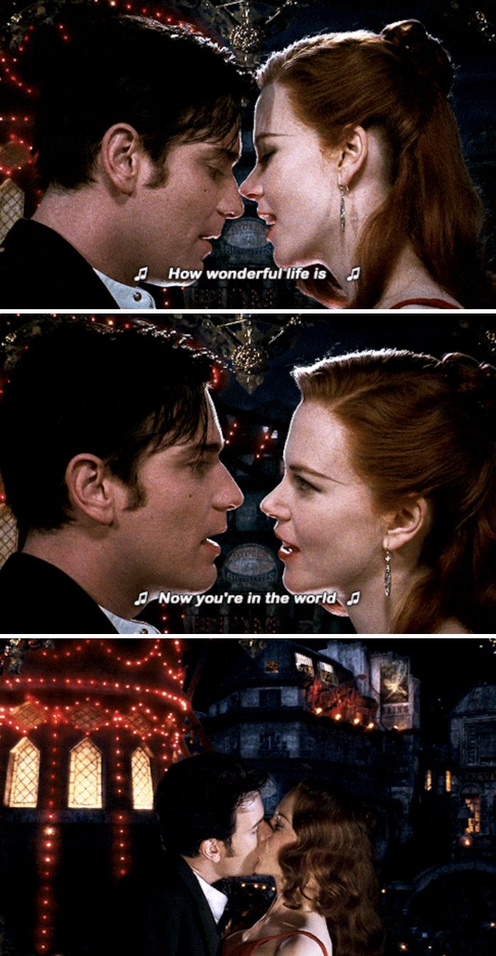 Satine and Christian singing &quot;How wonderful life is now you&#x27;re in the world&quot; to each other, ending it with a kiss