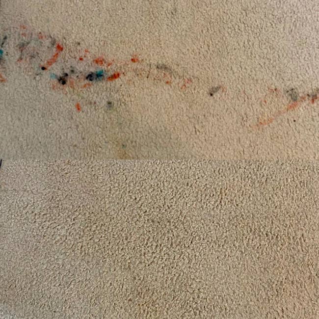 A reviewer's carpet with marker stains before and no stain after