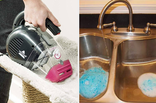 person using hand vac on cat tree, cleaning bubbling up from a garbage disposer