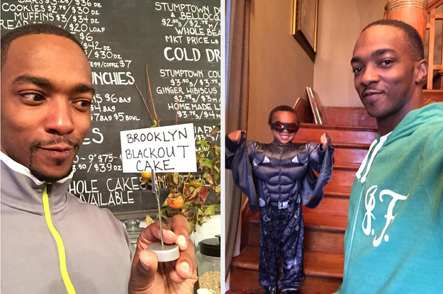 Anthony Mackie posing next to a sign and posing next to a young fan