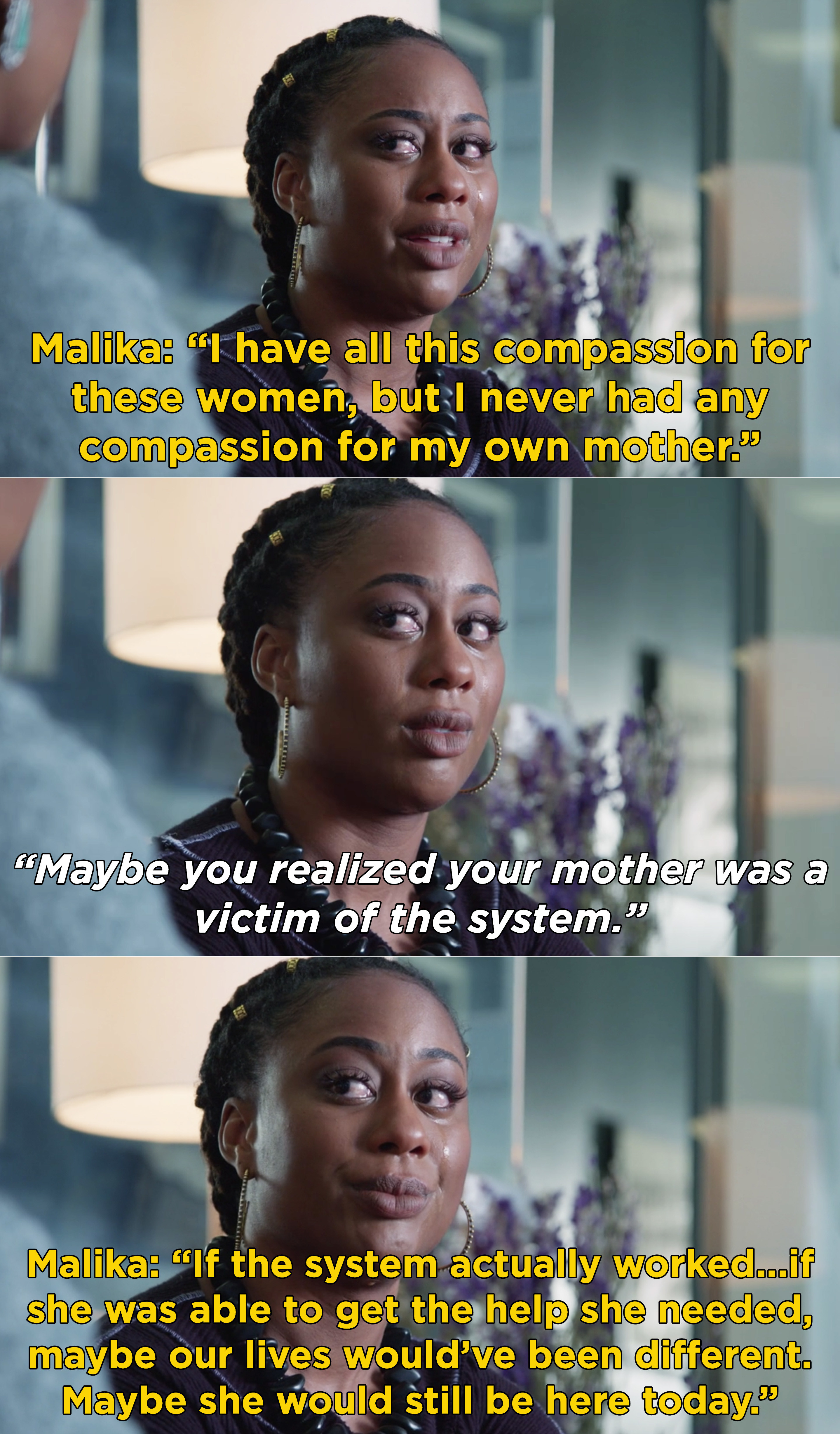 Malika crying and saying if the system actually worked her mom might&#x27;ve gotten the help she needed and would maybe still be alive