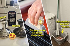 steel candleholders, a window groove scrubber, and a collapsible mop bucket