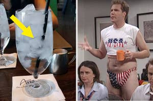 A water with a ton of ice in it; Will Ferrell in a USA-themed crop top