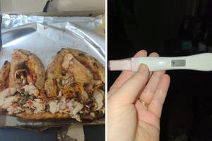 A destroyed pizza delivered and a pregnancy test that shows a question mark