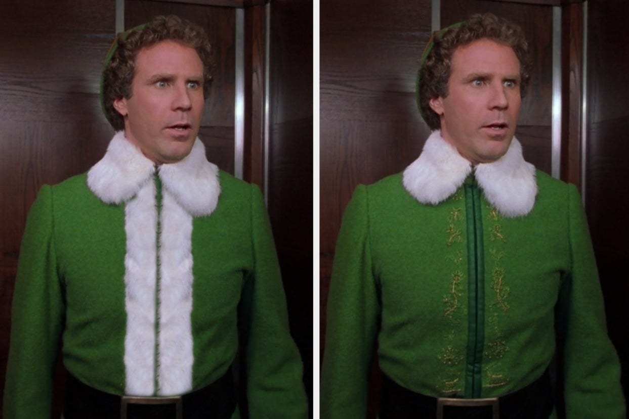 An image of Buddy the Elf with fur down his costume, and embroidery