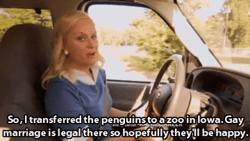 Leslie explaining that she had to move to penguins to a different zoo where gay marriage is legal