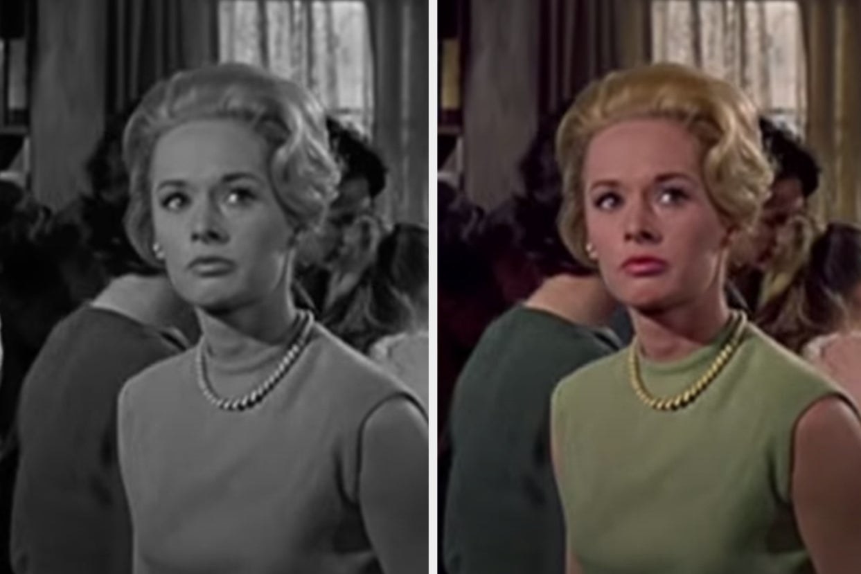 Side-by-side images of Tippi Hedron in The Birds, one in black and white and one in color