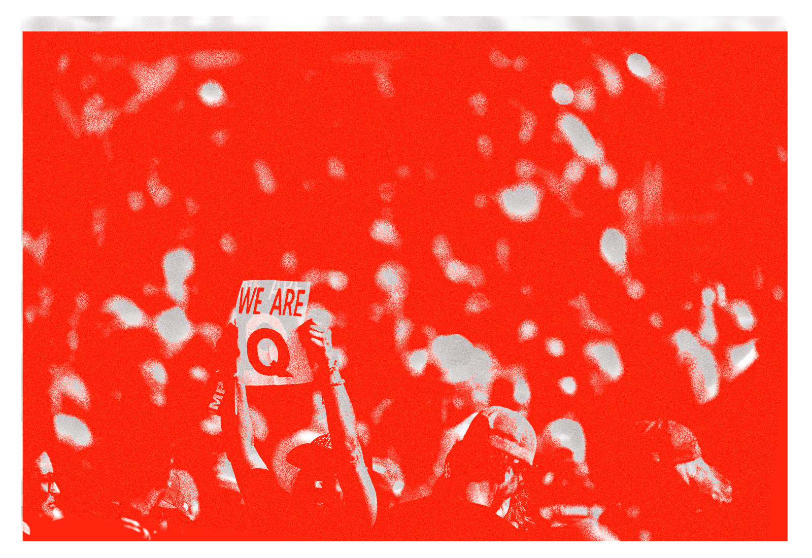 A stylized photo of a person at a rally holding up a sign that says &quot;we are Q&quot;