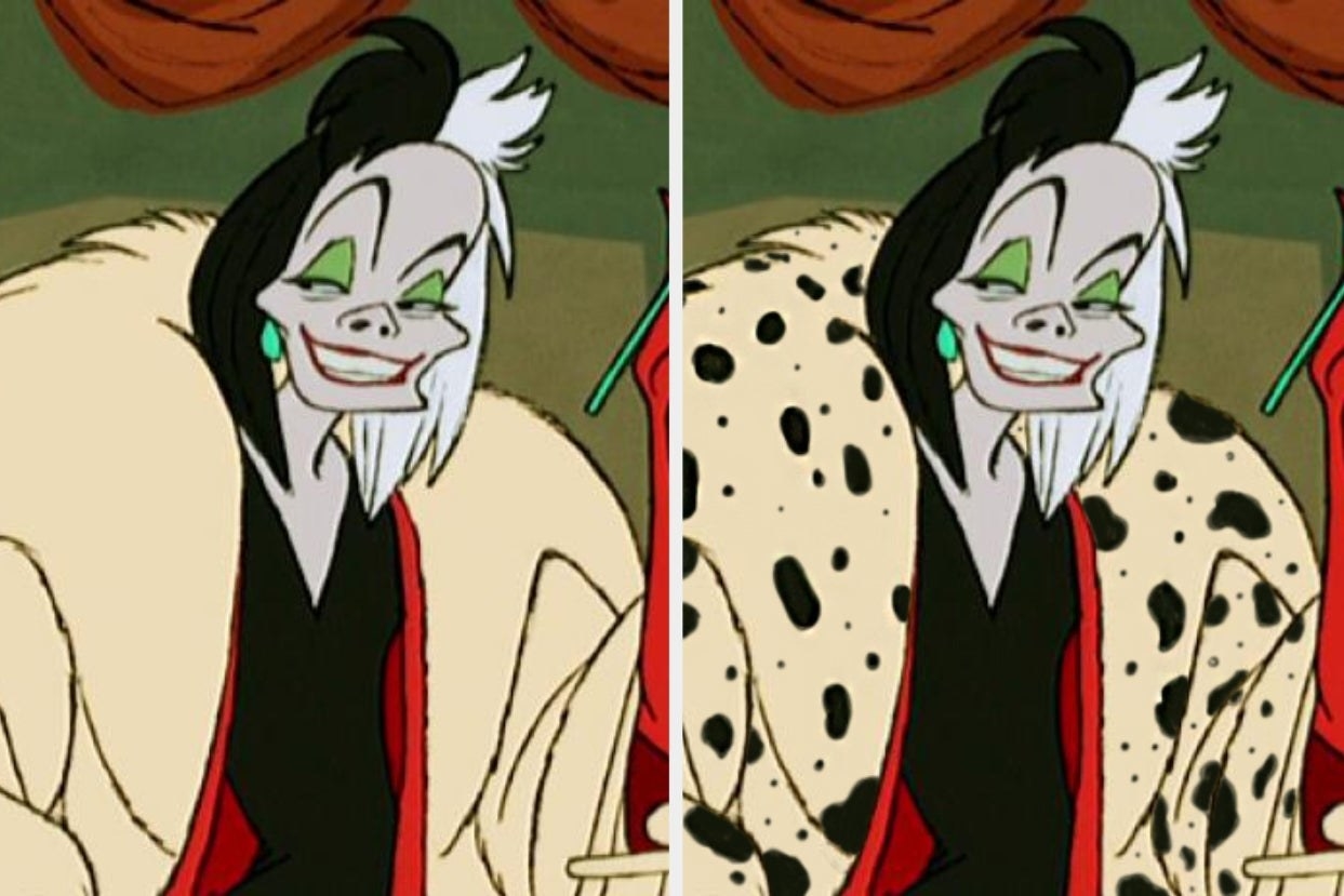Images of Cruella de Vil with a blank coat and with a spotted coat