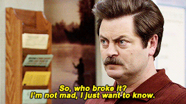 Ron Swanson asking the Parks and Rec workers who broke the coffee machine