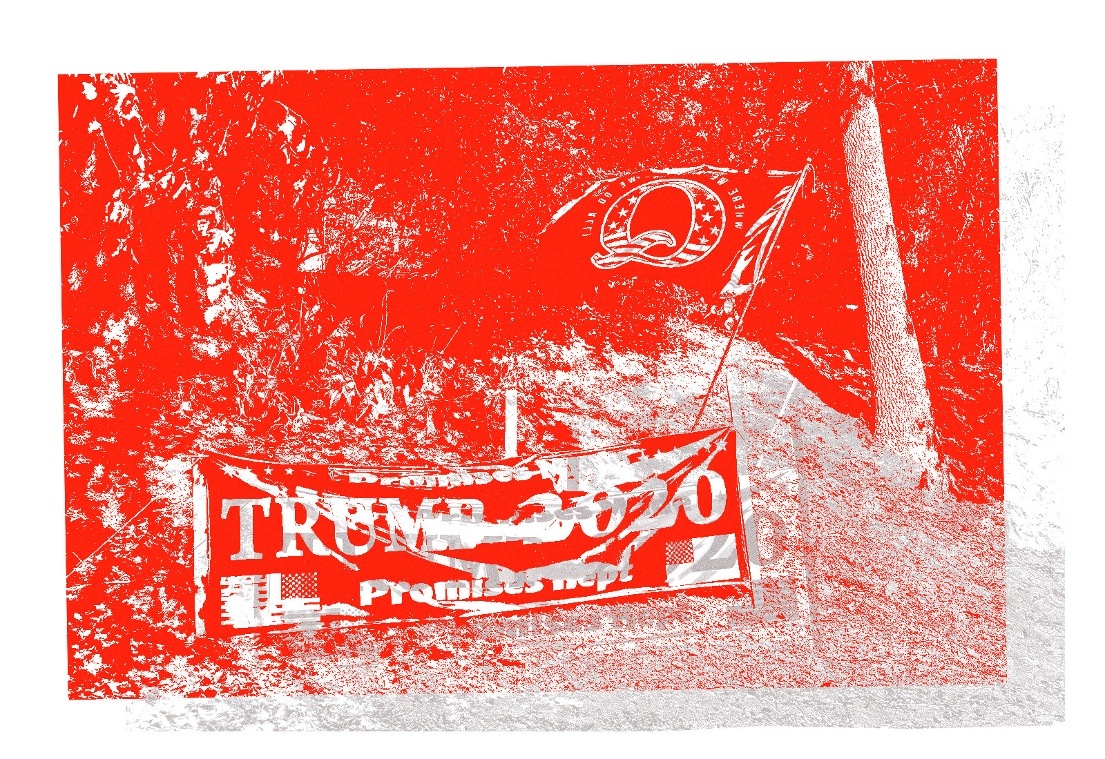 A stylized photo of a Trump 2020 banner and a Q flag