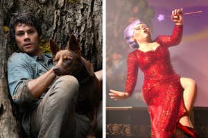 Left: Dylan O'Brien crouching down next to a tree with a dog; Right: The Fairy Godmother from Shrek 2 singing