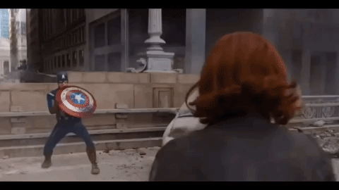 Black Widow jumps off of Cap's shield