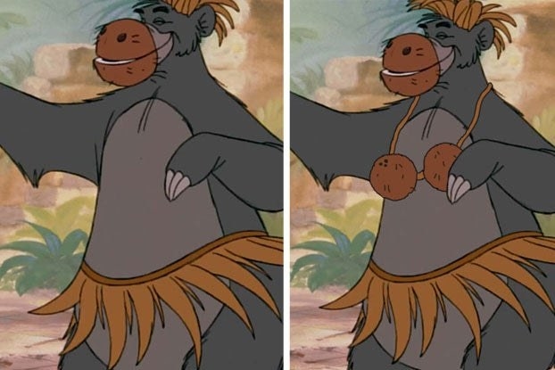An image of Baloo with and without a coconut bra from &quot;The Jungle Book&quot;